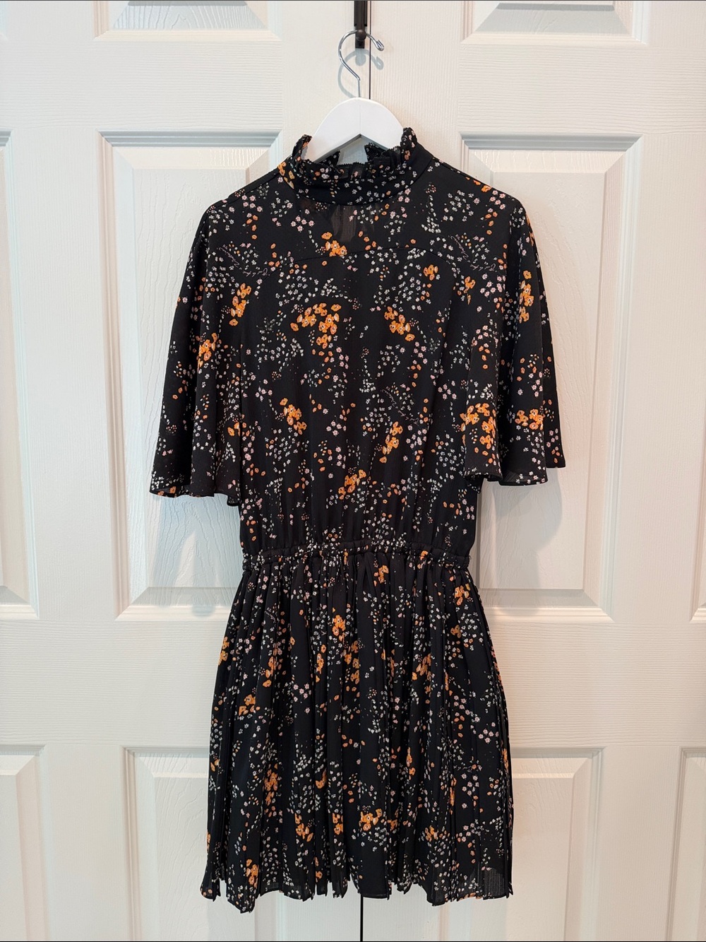 Zadig & Voltaire Black Floral Fit-and-Flare Dress with Ruffle Neck